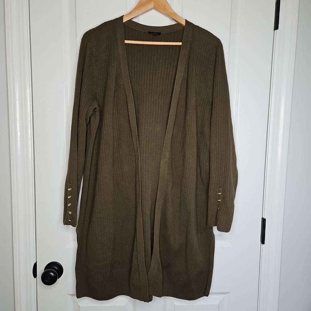 TALBOTS Womens XL Ribbed Long Duster Open Front Cardigan Sweater Olive Green